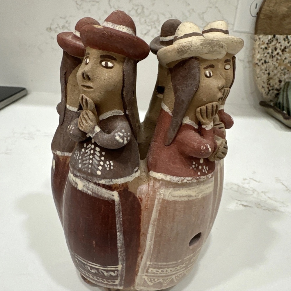 Vintage Peruvian folk art clay pottery Candle Holder Women 5.5” x 3.5”